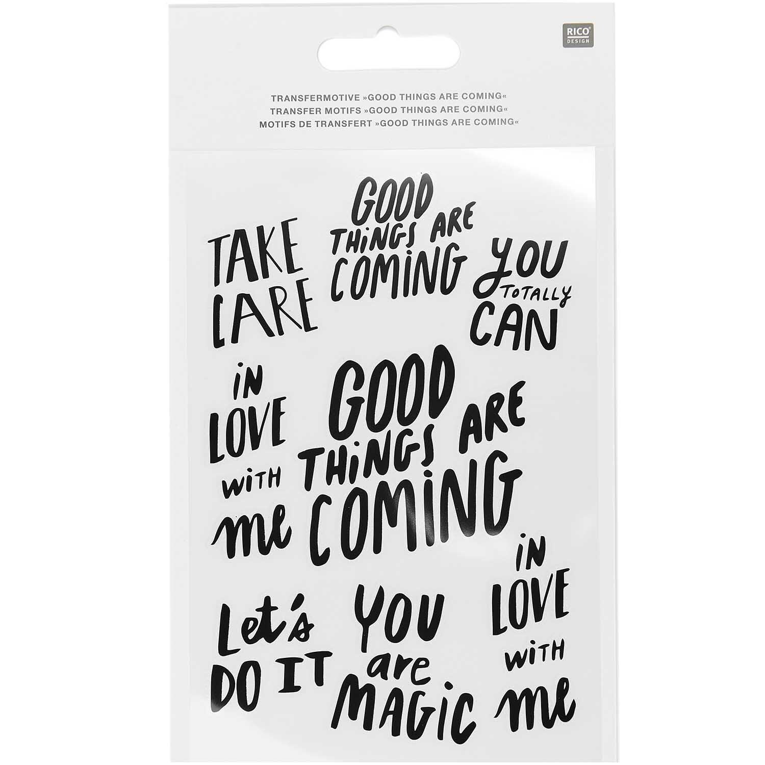 Transfermotiv Good Things are Coming: Schwarze Schriftzüge auf weißem Hintergrund von Rico Design, 8 Stück.
