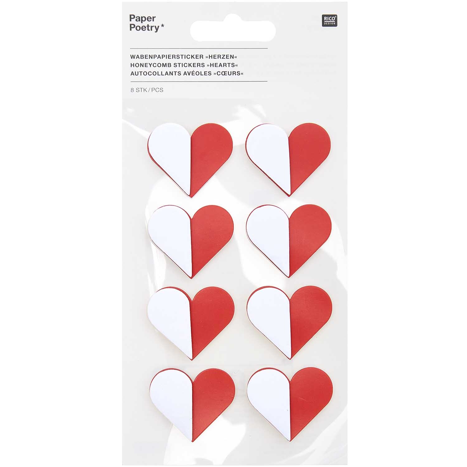 Paper Poetry Wabenpapiersticker Herzen von Rico Design, zeigen rote und weiße Herzsticker auf einem Blatt.
