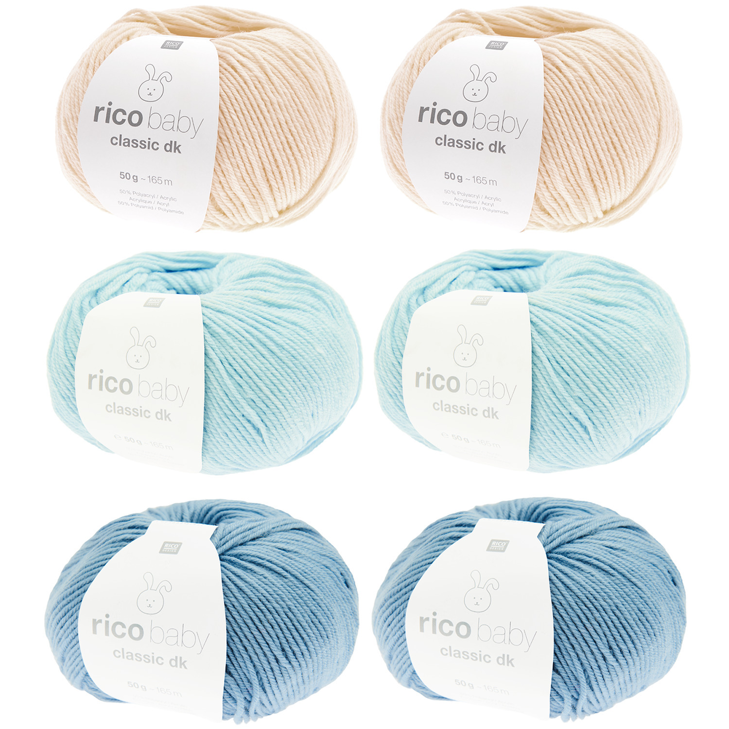 Wollpaket Baby Classic Aqua Colours, 6x50g, von Rico Design in sanften Beige- und Blautönen.