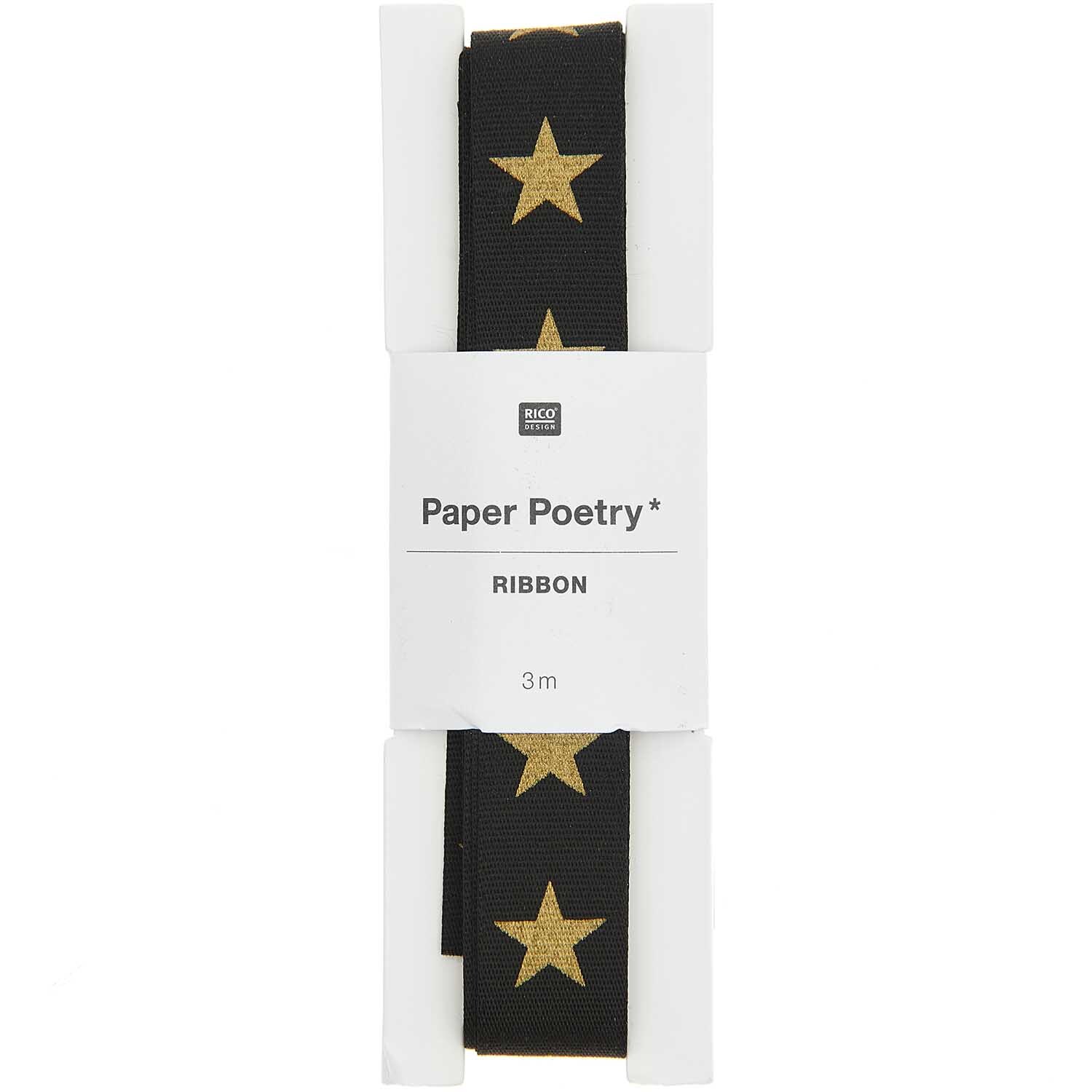 Paper Poetry Taftband mit goldenen Sternen auf schwarzem Hintergrund, 3m Länge, von Rico Design.