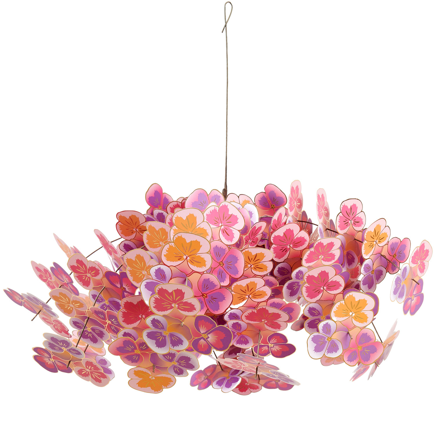 Bastelset Stiefmütterchen Fontäne: Farbenfrohe Papierblumen in Rosa und Orange von Rico Design, kunstvoll arrangiert als dekorative Hängelampe.