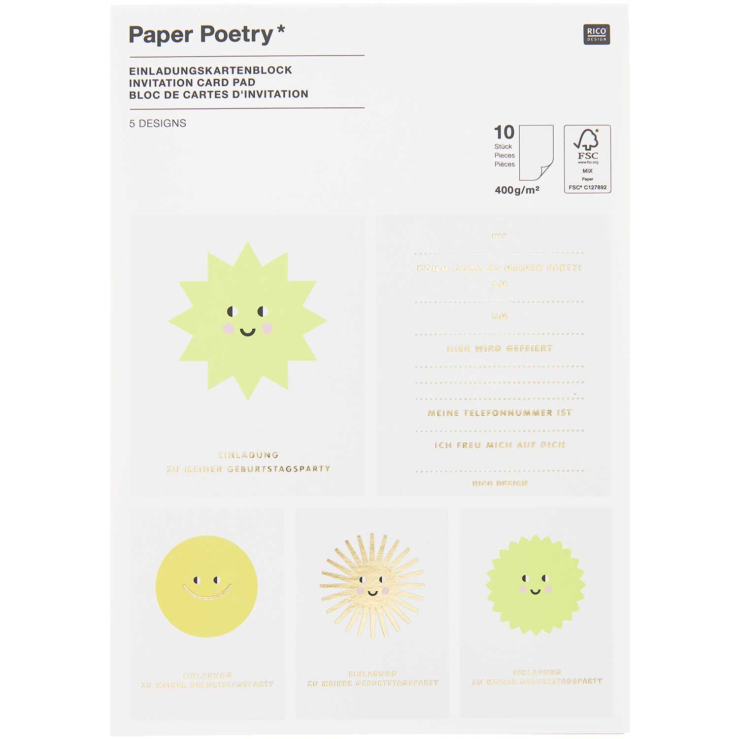 Paper Poetry Einladungskarten Happy Birthday, 10-teilig, mit fröhlichen, bunten Designs und lächelnden Gesichtern, ideal für Geburtstagsfeiern.