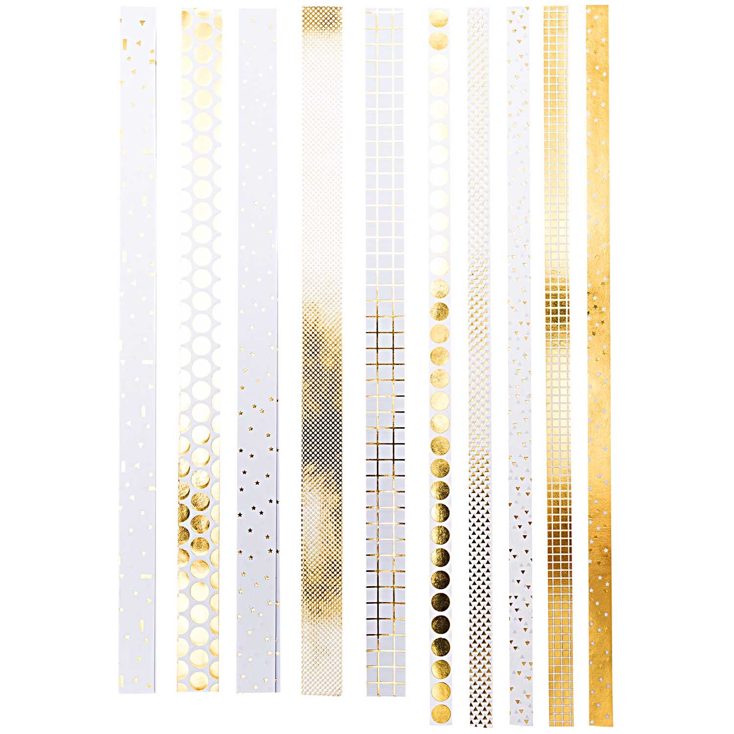 Paper Poetry Fröbelstreifen in Weiß und Gold von Rico Design, 40 Stück, mit grafischen Mustern.
