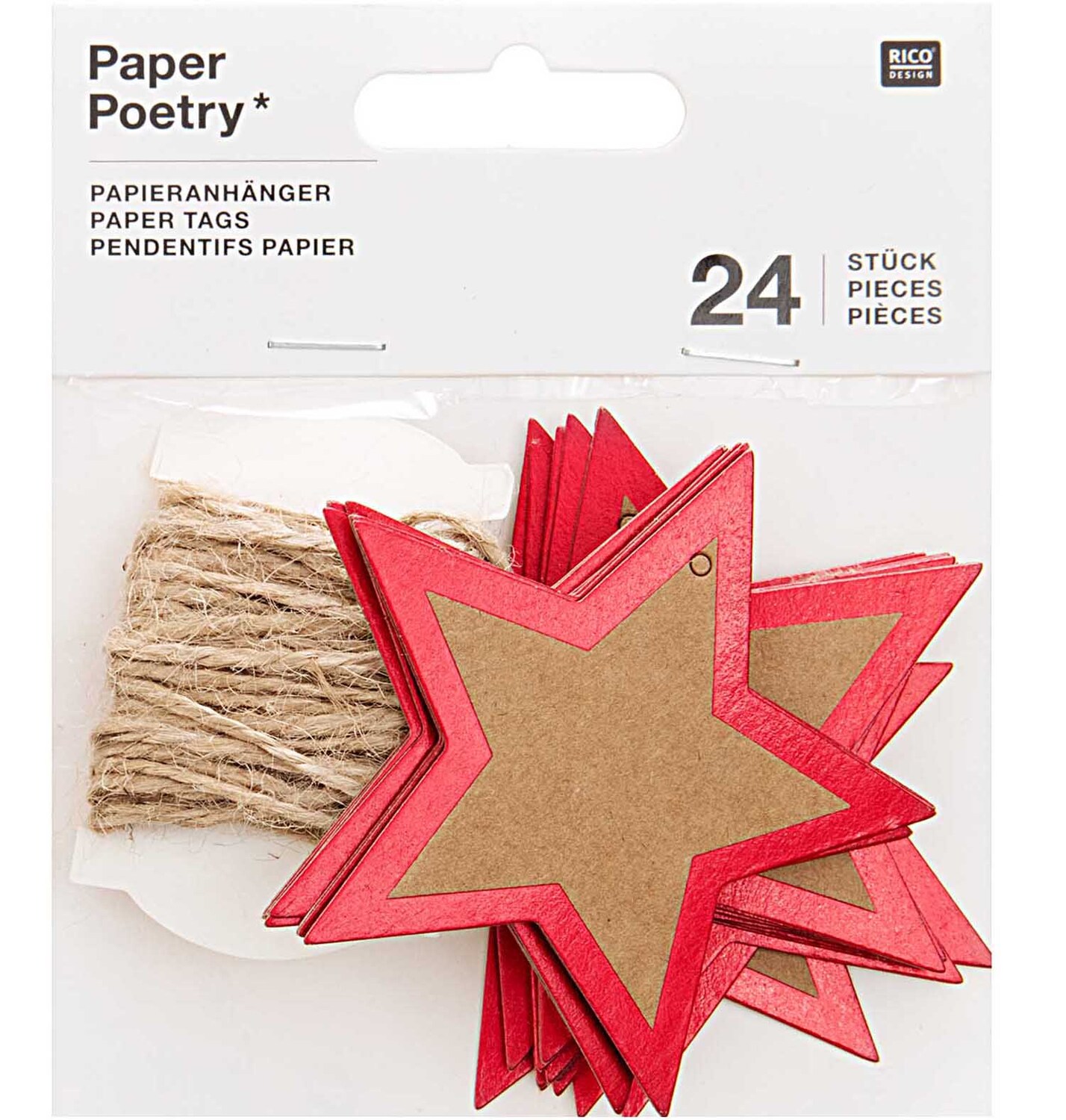 Paper Poetry Papieranhänger Stern, 24 Stück, aus Kraftpapier in Rot, ideal für kreative Dekorationen. Enthält Juteschnur zum Aufhängen.