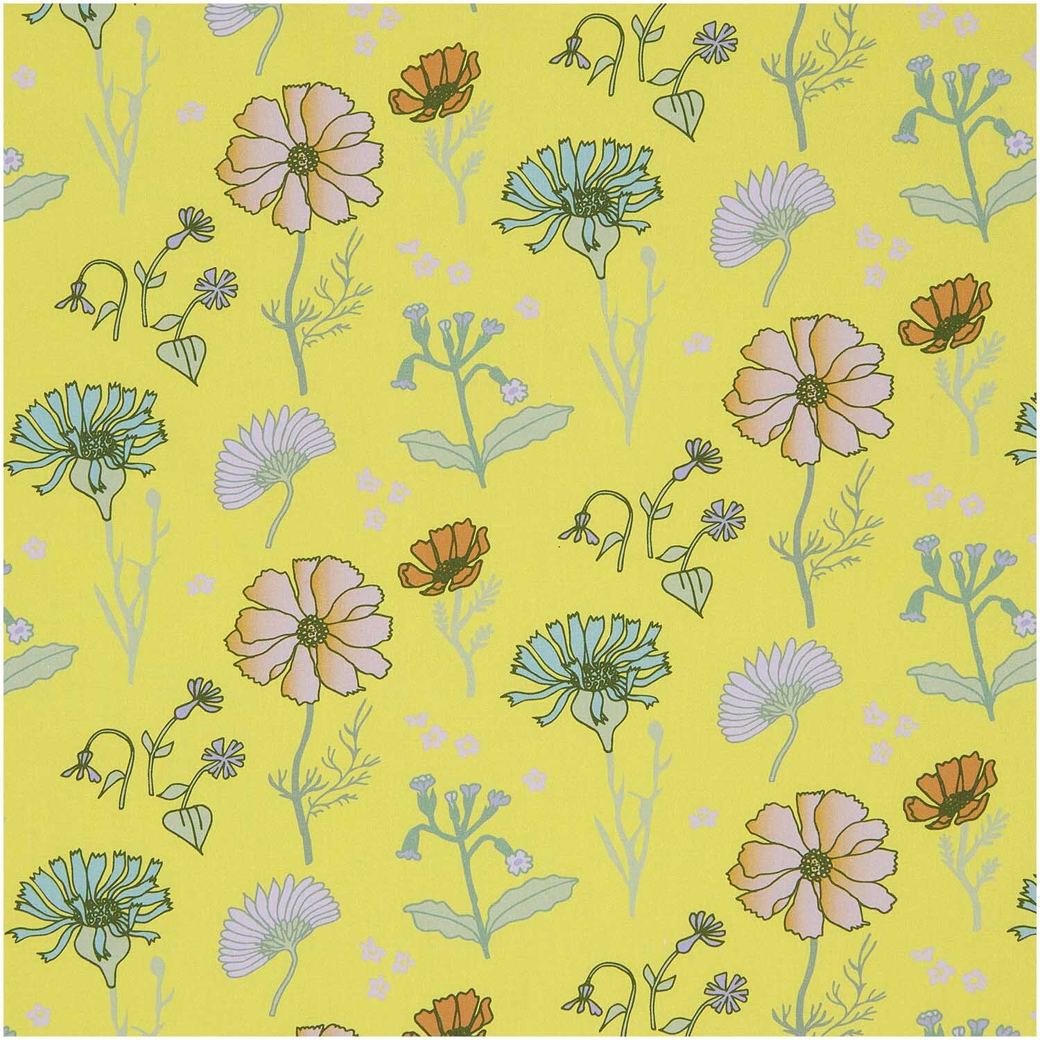 Stoffabschnitt Baumwoll-Popelin Blumen Gelb mit floralen Mustern in Pastelltönen von Rico Design.