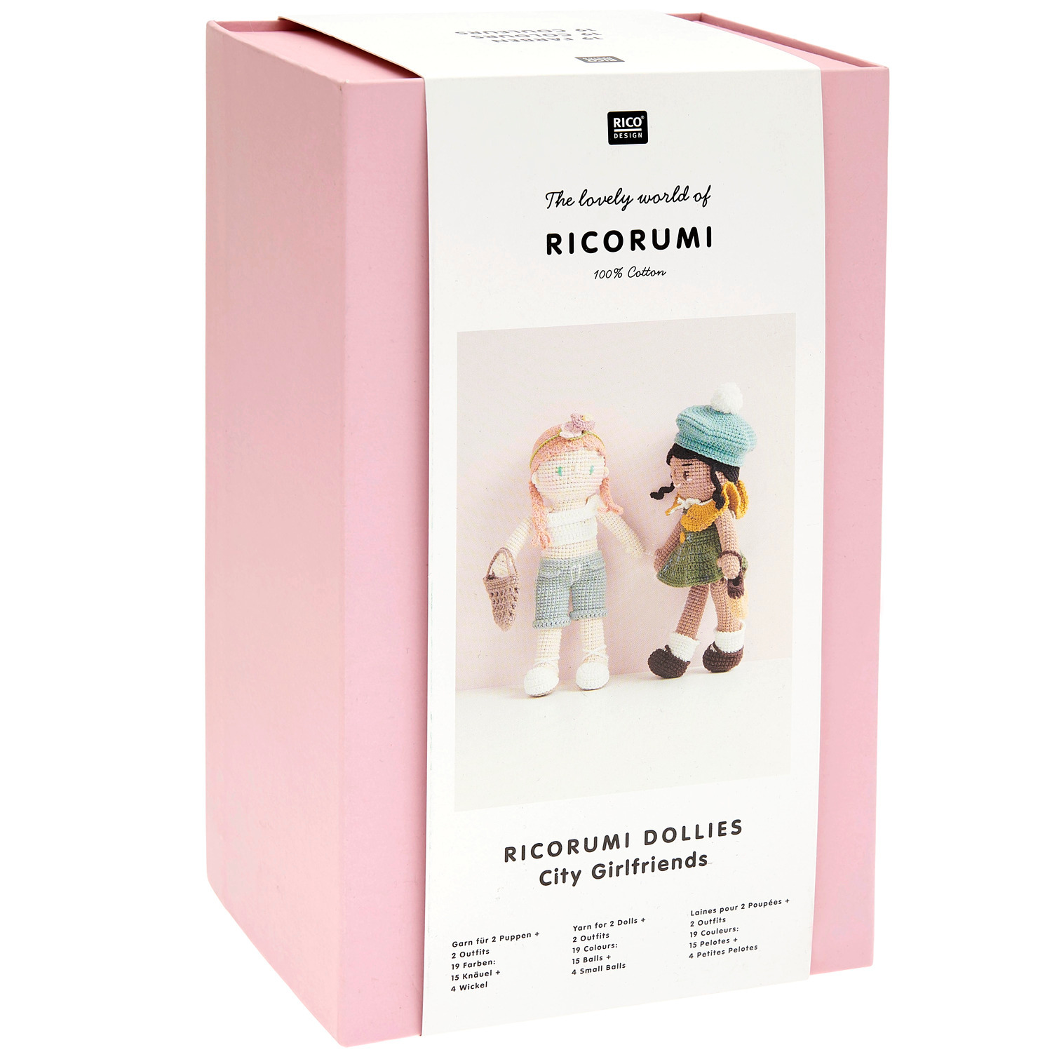 Ricorumi Dollies City Girls: Strickset in rosa Verpackung mit zwei Puppen, ideal für kreative Handarbeiten.