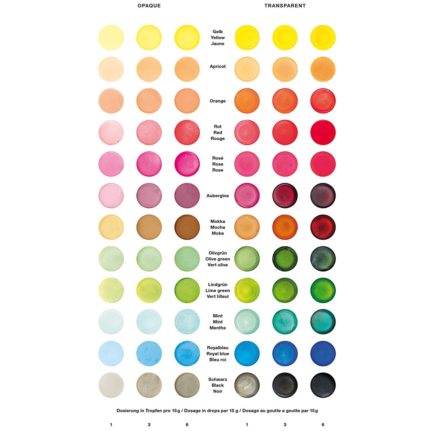 Seifenfarbe von Rico Design in verschiedenen Farbtönen wie Royalblau, Aubergine und Mokka, dargestellt in einer Farbpalette mit 10ml Inhalt.