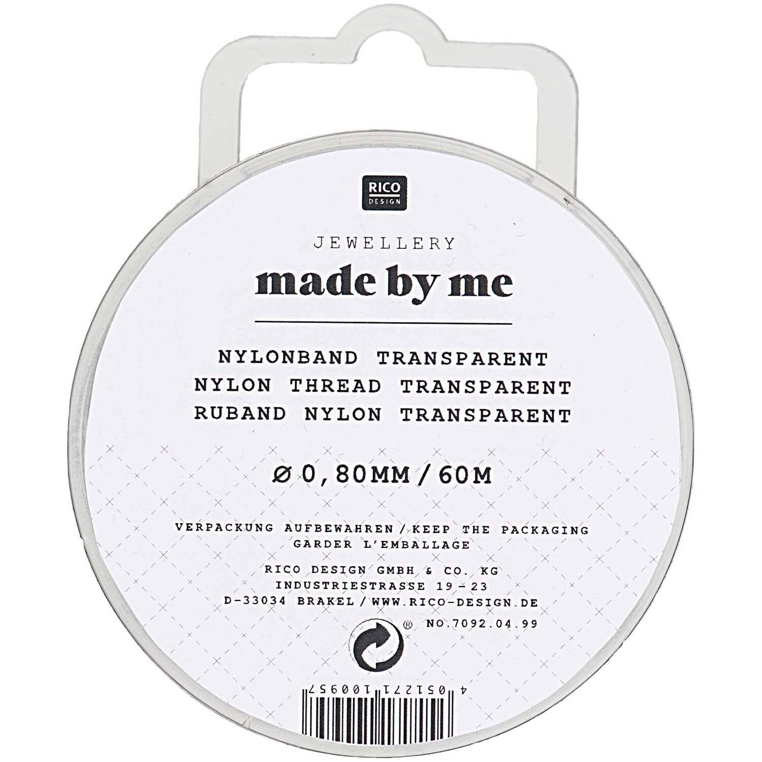 Nylonfaden transparent 0,8mm 60m von Rico Design. Runde Verpackung mit Aufschrift "made by me". Ideal für Schmuckherstellung.