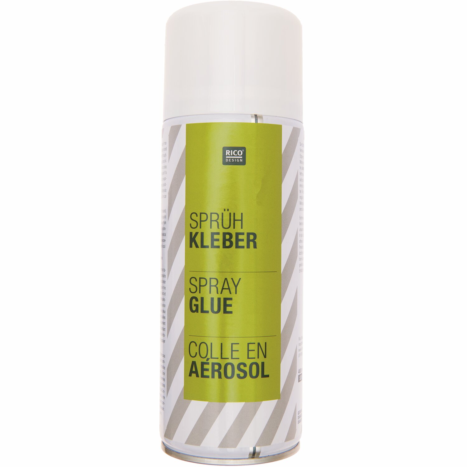 Sprühkleber transparent von Rico Design in einer weißen Dose mit grünem Etikett, ideal für Bastelprojekte.