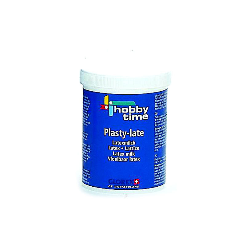 Plastylate Latexmilch 250ml von Glorex in einem blauen Behälter mit weißem Deckel, ideal für Bastelprojekte.