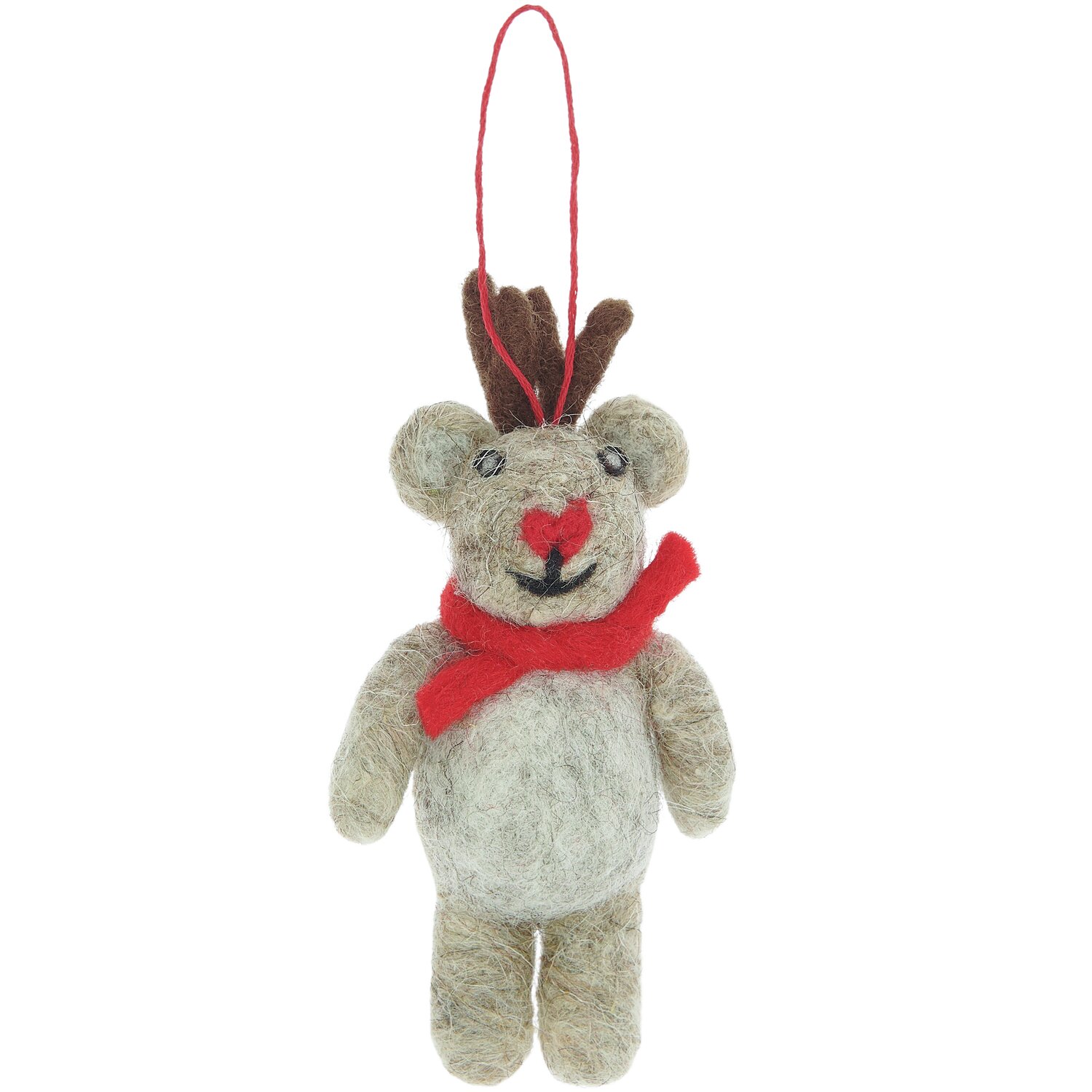 Aufhänger Filz-Hirsch Braun: Niedlicher Filzhirsch mit rotem Schal und Geweih, ideal als Weihnachtsdekoration. Größe: 11x6x3cm.