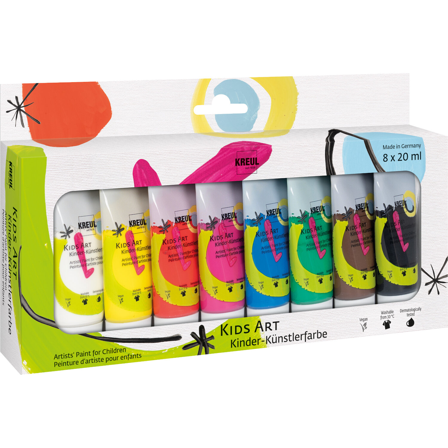 Kreul Kids Art Kinder-Künstlerfarben Set mit 8 bunten Farben in einer Verpackung, ideal für kreative Kinderprojekte.