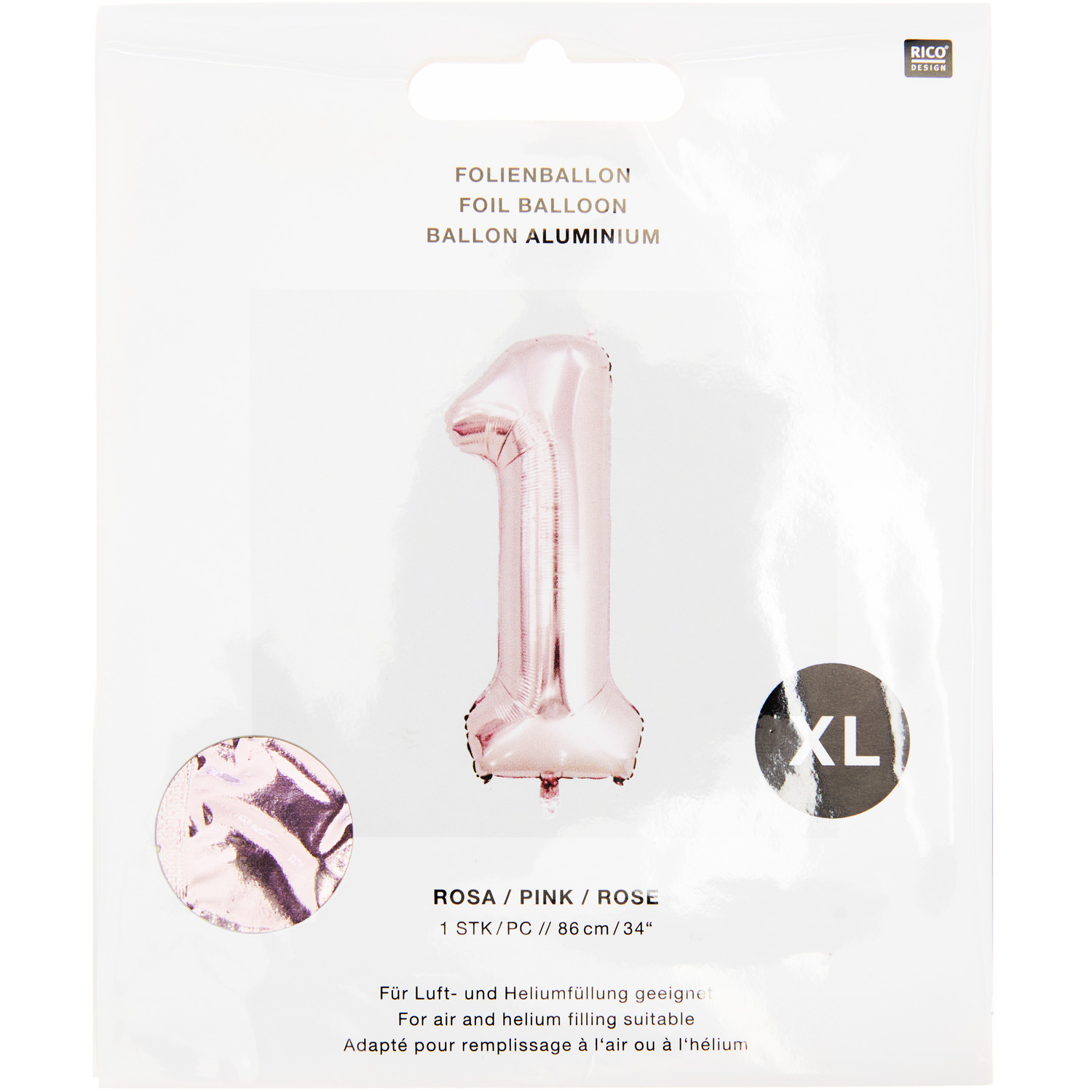 Folienballon Zahl rosa 86cm Zahl 1 von Rico Design