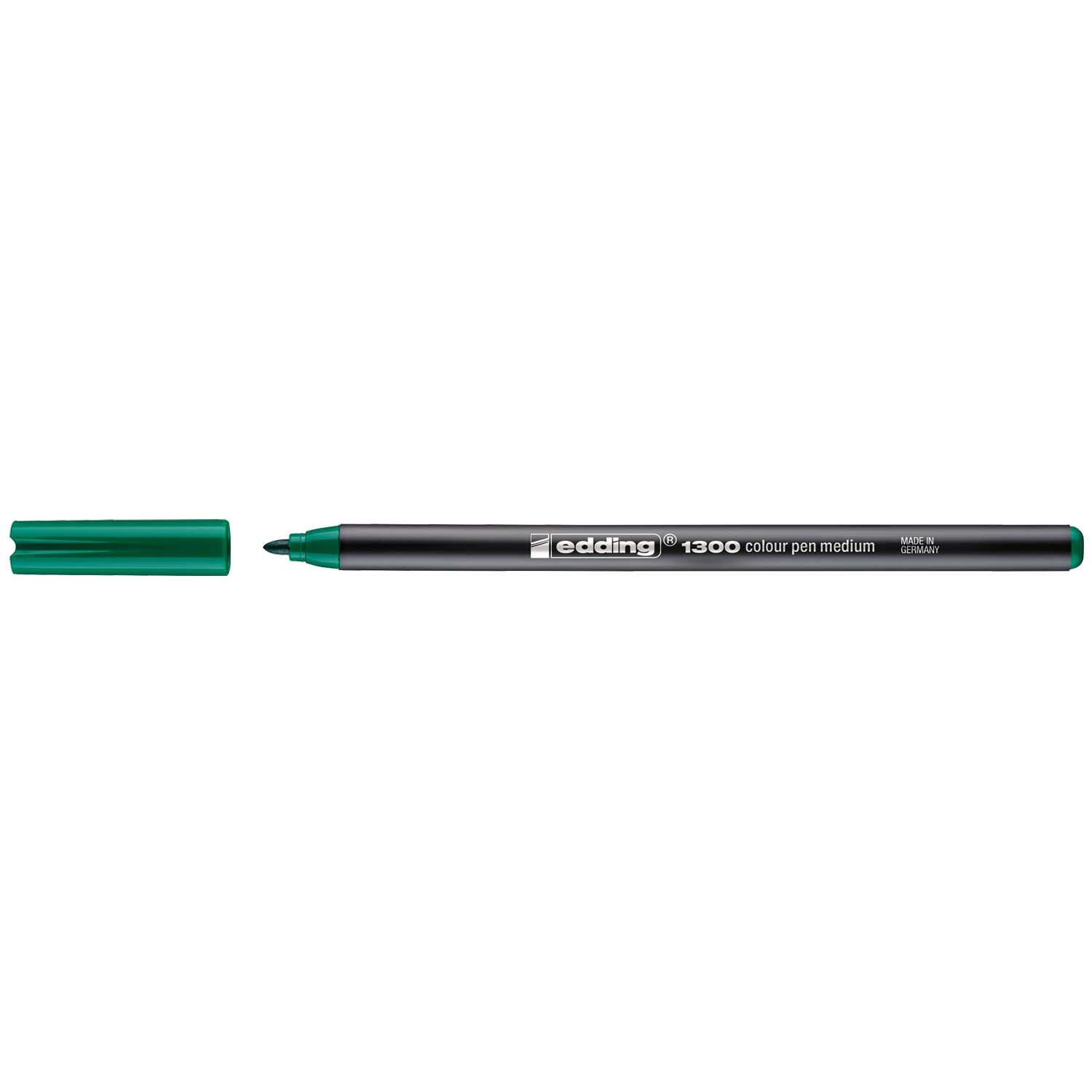 1300 colorpen 3mm von edding in Grün, mit abgenommenem Deckel, ideal für präzises Zeichnen.