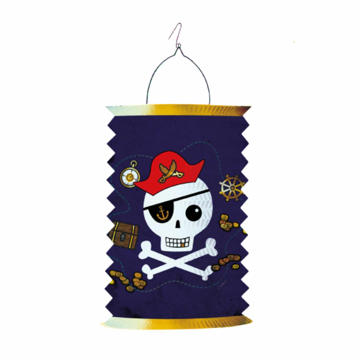 Zuglaterne Pirat 28cm mit Totenkopf und Piratenhut auf dunkelblauem Hintergrund, Marke Amscan.