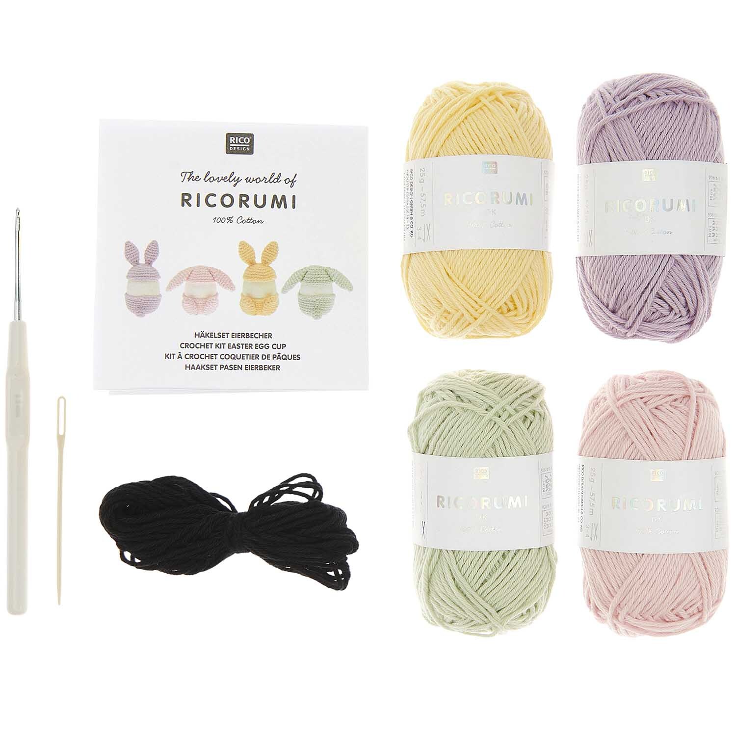 Ricorumi Häkelset - Eierbecher mit bunten Garnen und Häkelnadel von Rico Design, ideal für kreative Projekte.