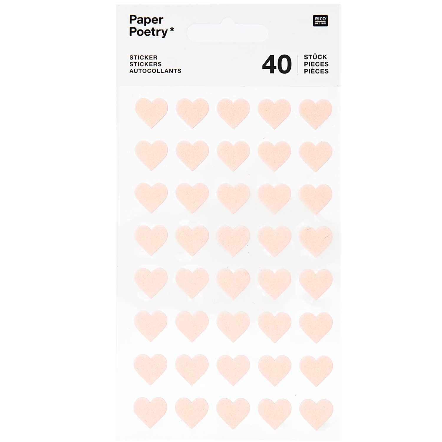 Paper Poetry Filzsticker Herzen klein 1 Blatt zeigt 40 zarte Herzsticker in Puder von Rico Design auf weißem Hintergrund.
