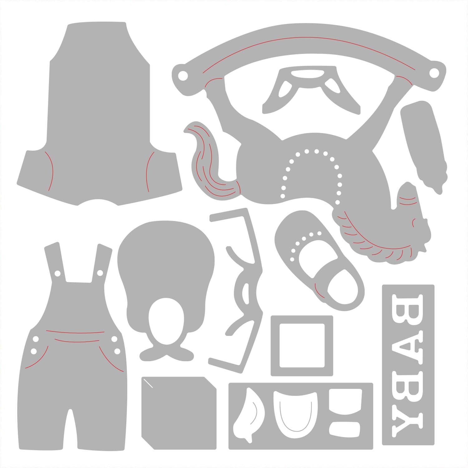 Thinlits Die Set New Baby #2 zeigt graue Stanzformen für Babykleidung und Spielzeug von Sizzix. Ideal für kreative Bastelprojekte.