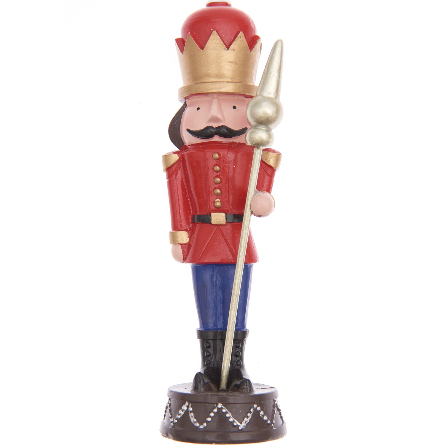 Polyresin Figur Nussknacker mit Stab 17cm in Rot, dekorativ auf Sockel stehend, ideal für festliche Dekorationen.