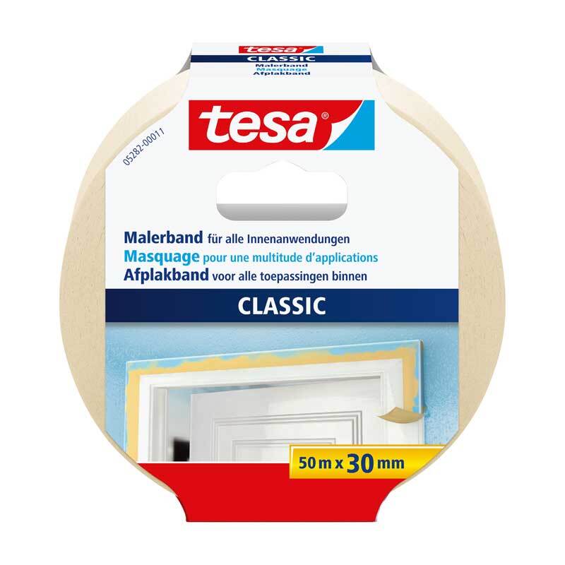 Maler-Krepp Classic 30mm 50m von tesa: Beige Malerband für vielseitige Innenanwendungen.