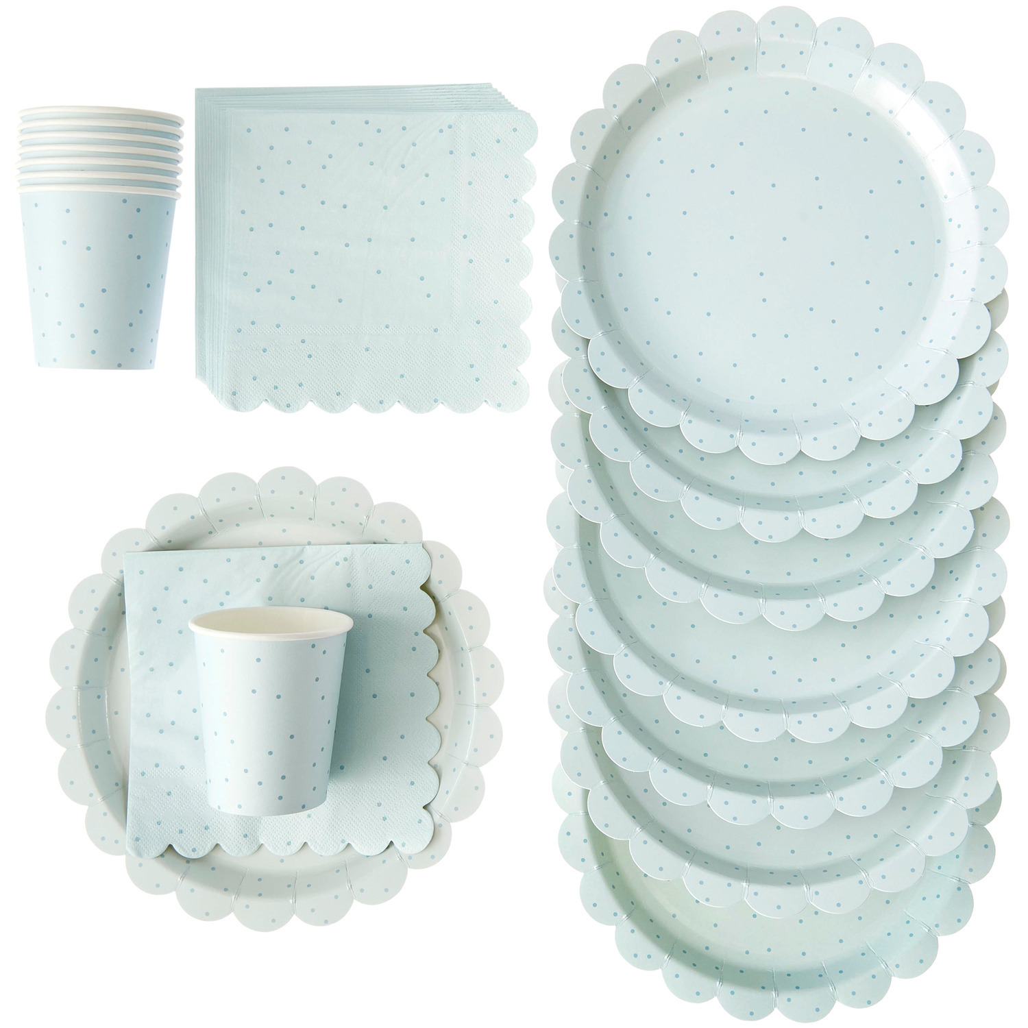 Party-Set Punkte Mint von Rico Design: Einweg-Geschirr mit Punkten, bestehend aus Tellern, Bechern und Servietten in Mint.