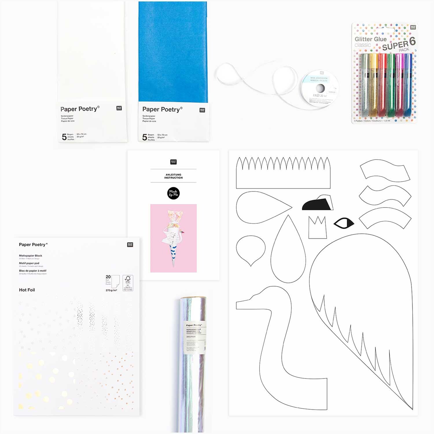 Bastelset Schultüte Schwan von Rico Design mit Bastelmaterialien, Schwan-Vorlage und Glitzerstiften. Ideal für kreative Schulanfänger.