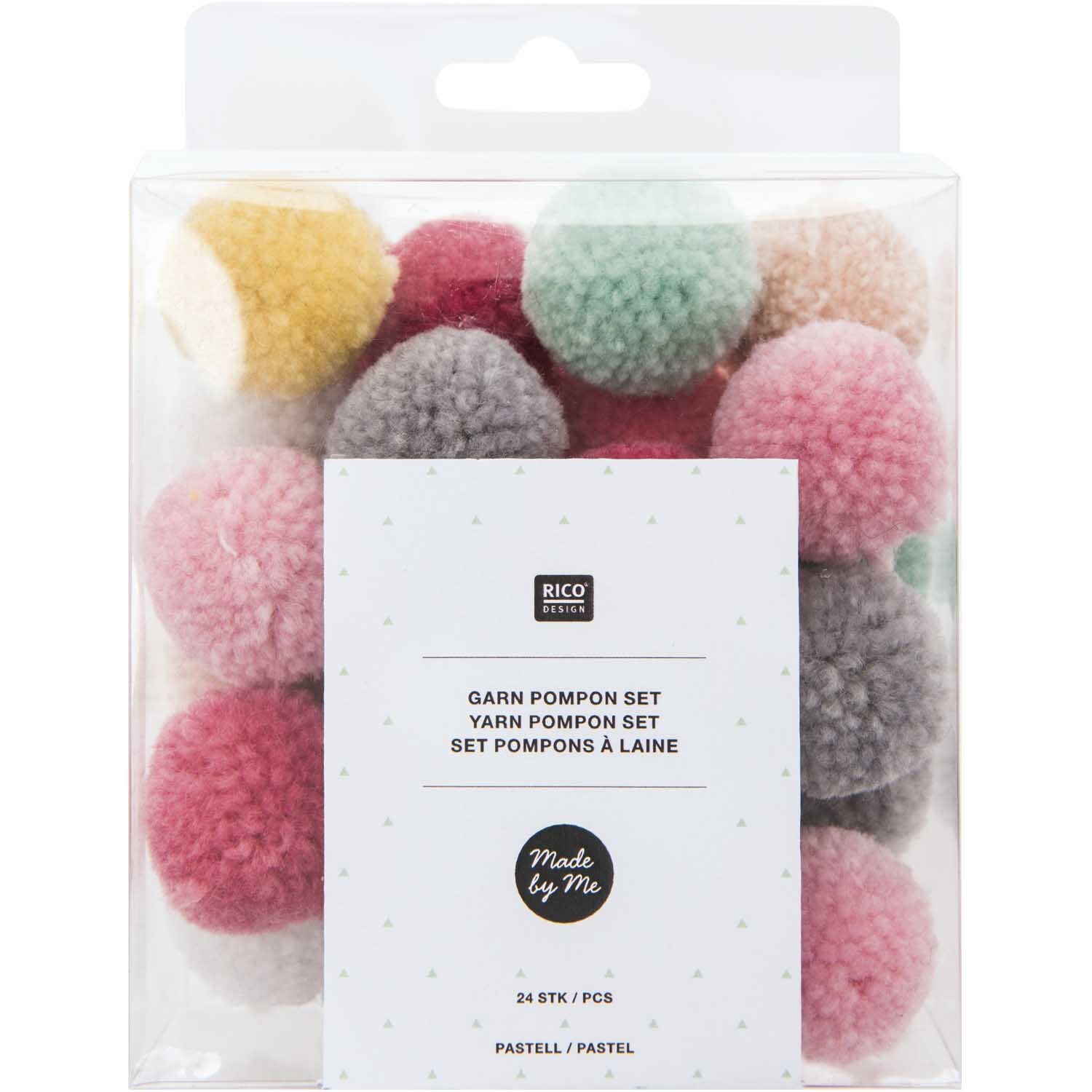 Garn Pompons 24 Stück in Pastell Mix von Rico Design, in einer transparenten Verpackung.