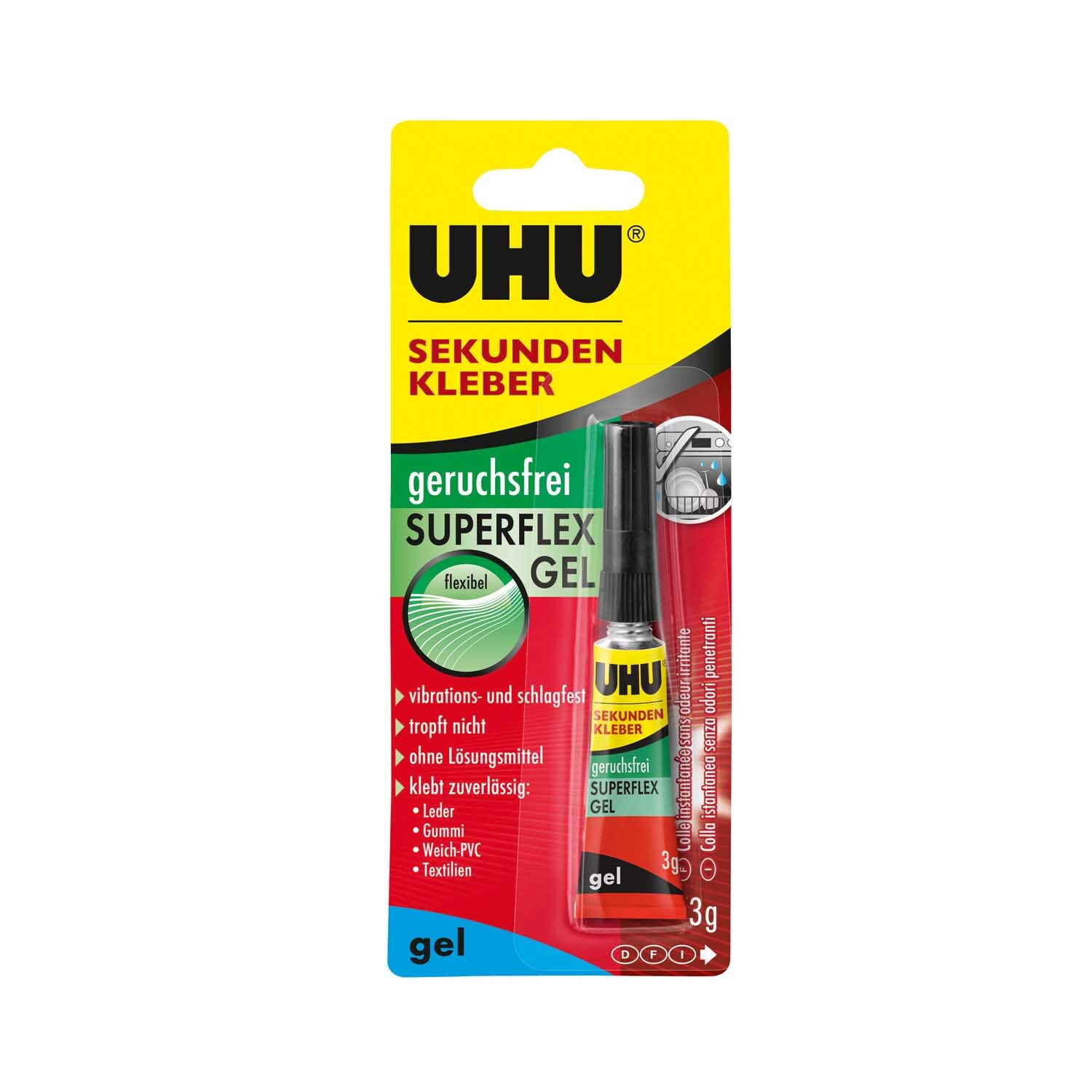 Sekunden Alleskleber Gel 3g von UHU in gelber und roter Verpackung, ideal für flexible und geruchsfreie Anwendungen.