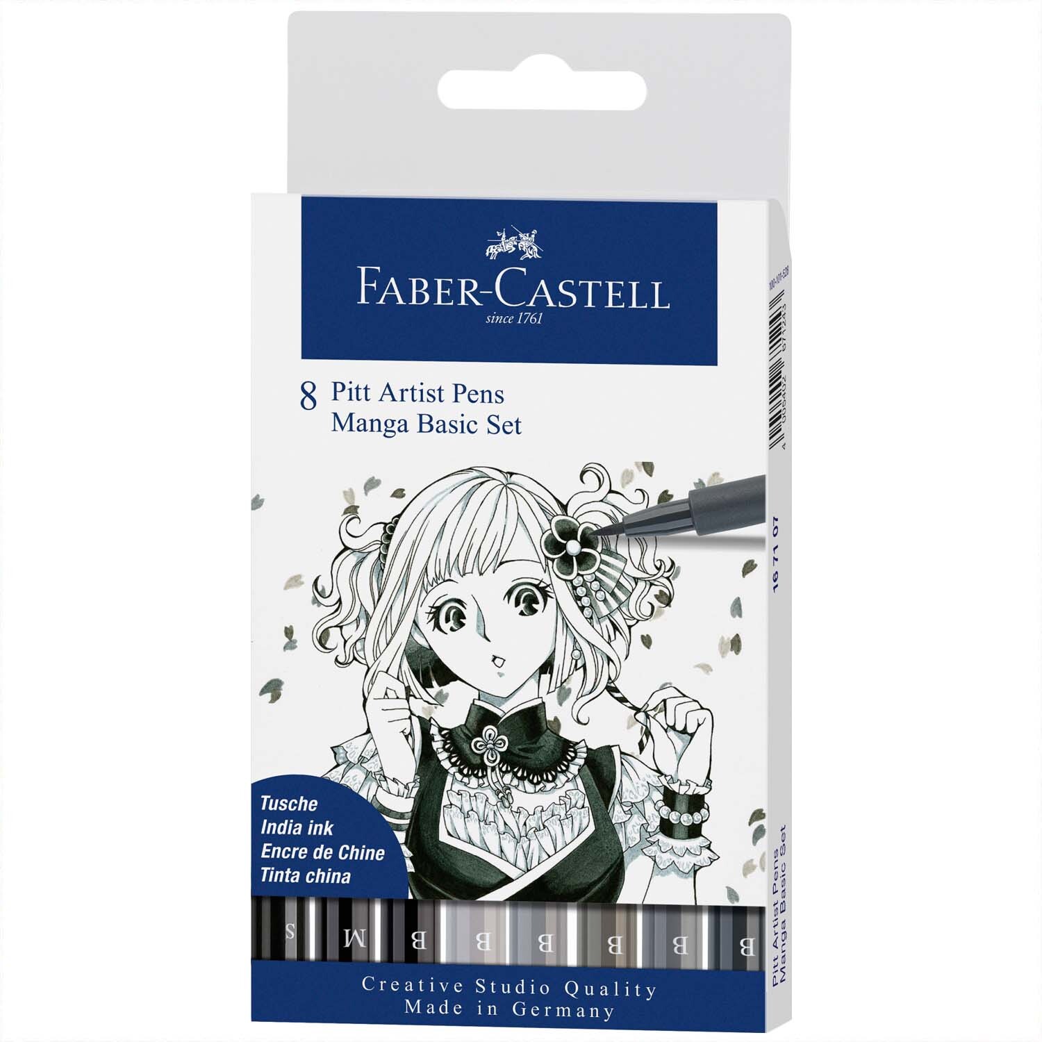Pitt Artist Pen Manga Basic Tuschestift-Set von Faber Castell, 8-teilig, mit Manga-Illustration auf der Verpackung.