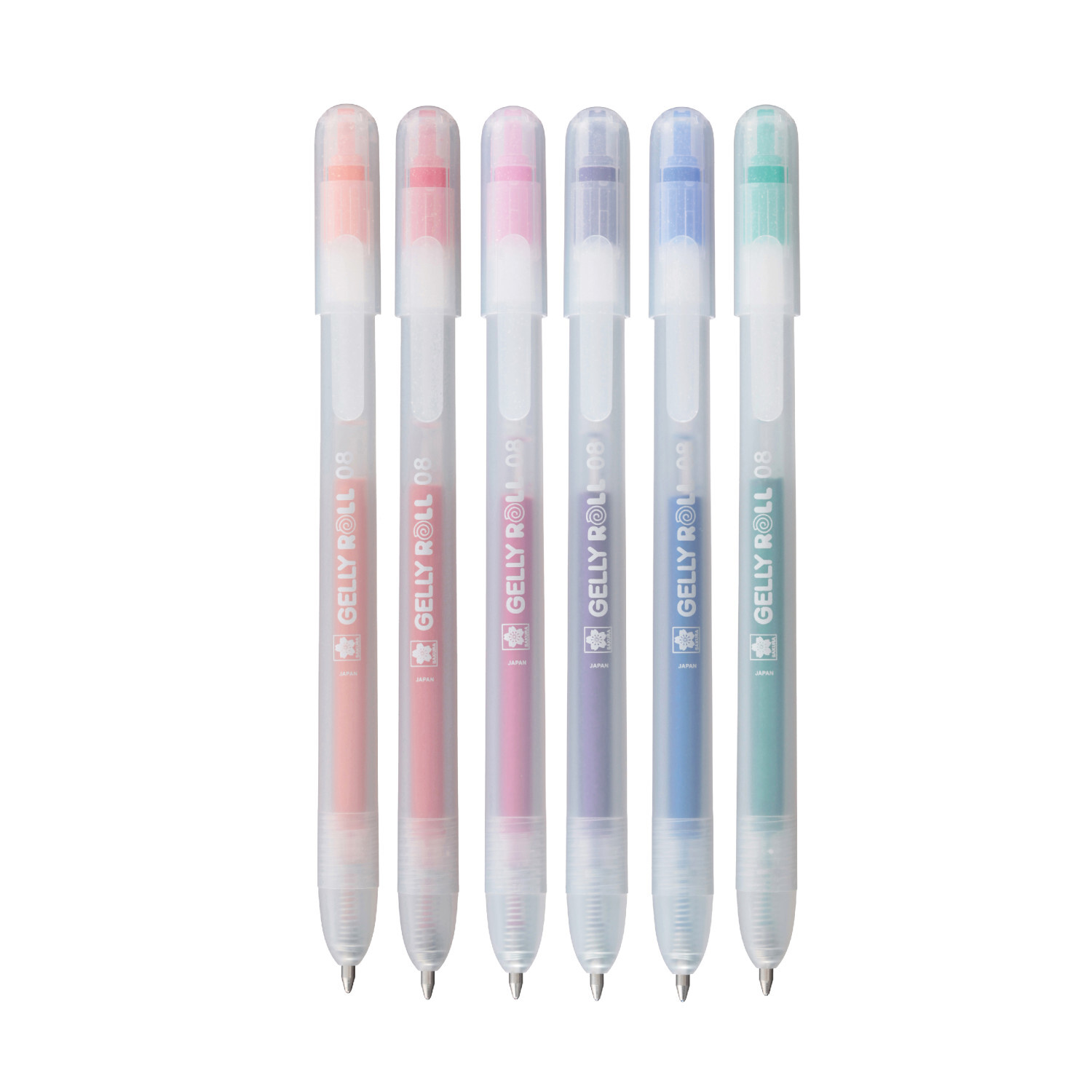 Gelly Roll Retractable Set Stardust, 6 Stück, SAKURA. Sechs bunte Gelstifte mit transparenten Gehäusen in verschiedenen Farben.