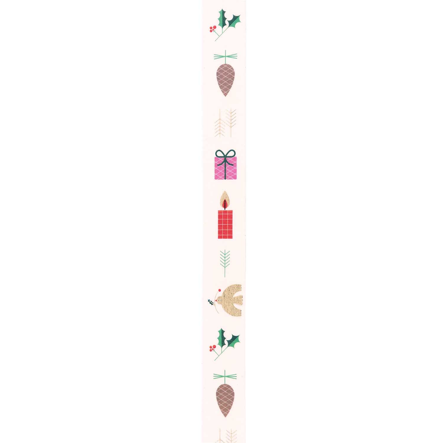 Paper Poetry Tape mit Weihnachtsmotiven, 1,5 cm breit, 10 m lang. Dekoriert mit Kerzen, Geschenken und Tannenzapfen. Marke: Rico Design.