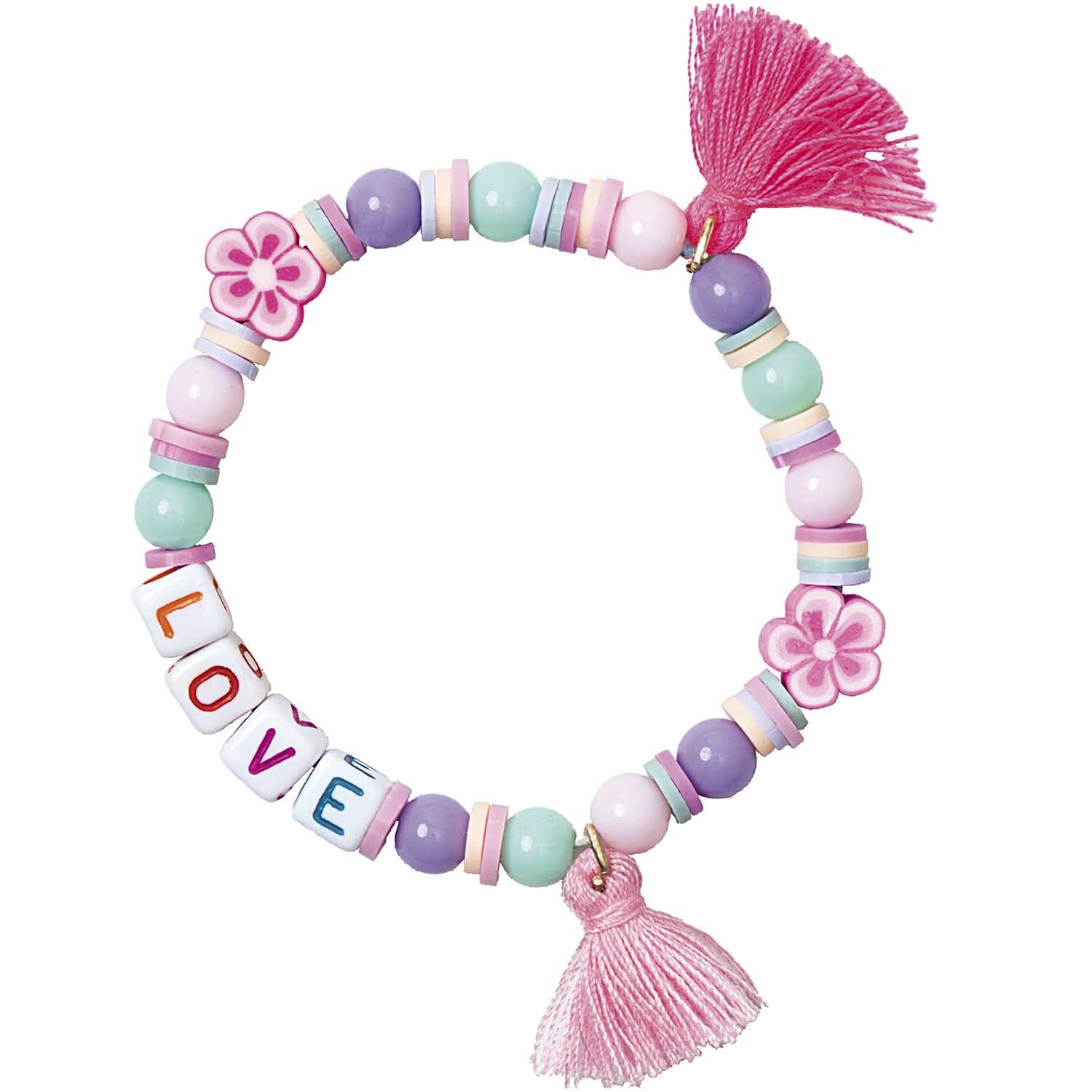 Mini Perlen Armband Set Love mit bunten Perlen und Blumenanhängern von Rico Design, verziert mit Quasten.
