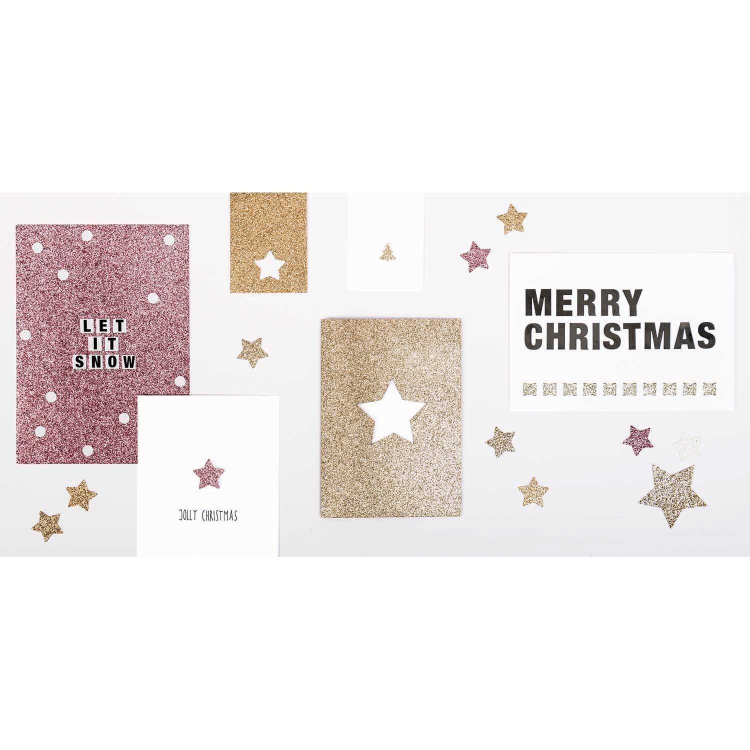 Paper Poetry Glitterpapierblock Nostalgic Mix mit festlichen Karten und Sternmotiven in Glitzeroptik, ideal für weihnachtliche Bastelprojekte.
