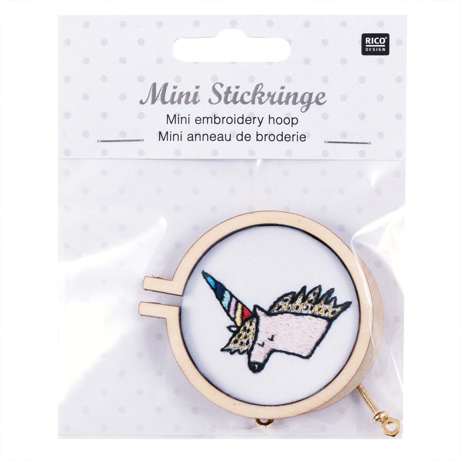 Stickring mini rund 1 Stück mit Einhorn-Stickerei von Rico Design, verpackt in transparentem Beutel.