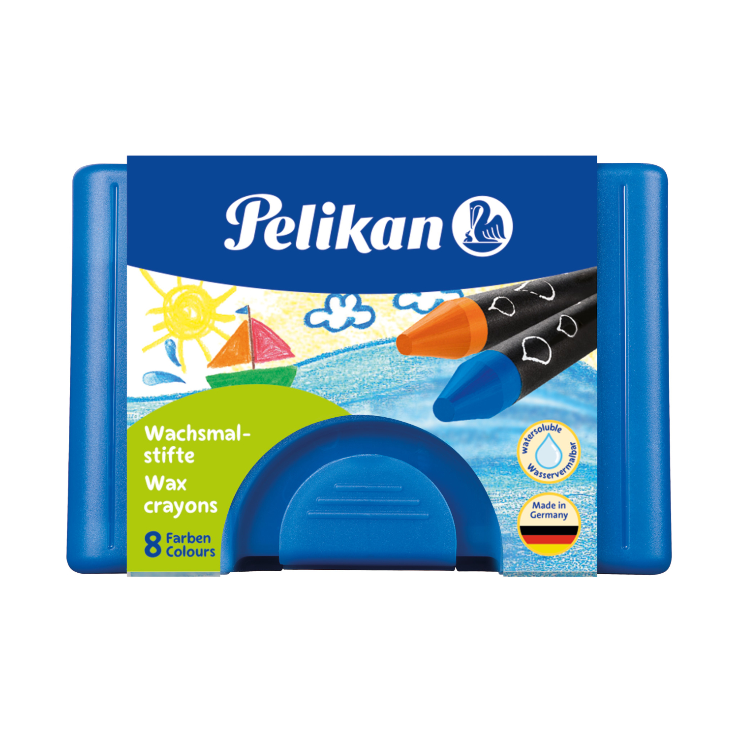 Wachsmaler rund im blauen Etui von Pelikan, ideal für kreative Zeichnungen und farbenfrohe Kunstwerke.