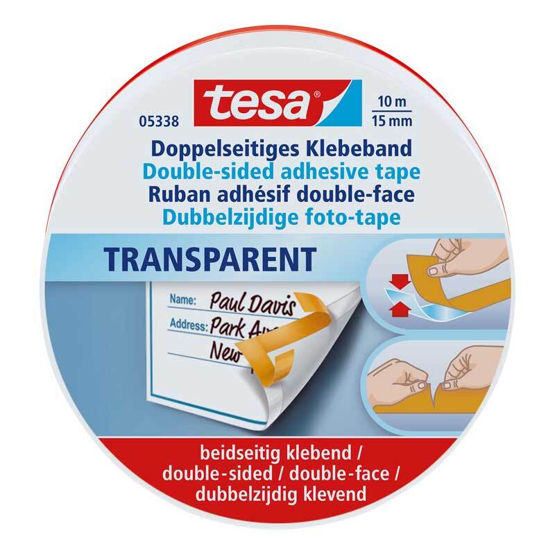Doppelseitiges Klebeband 15mm 10m, transparent, ideal für Fotoalben und Bastelprojekte.