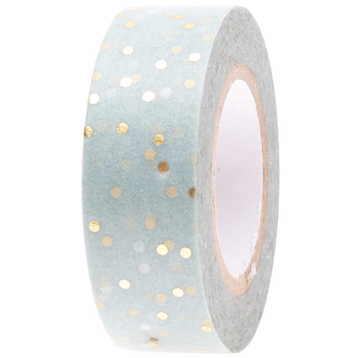 Paper Poetry Tape mit goldenen Punkten auf mintfarbenem Hintergrund, 1,5 cm breit, 10 m lang. Ideal für kreative Projekte.