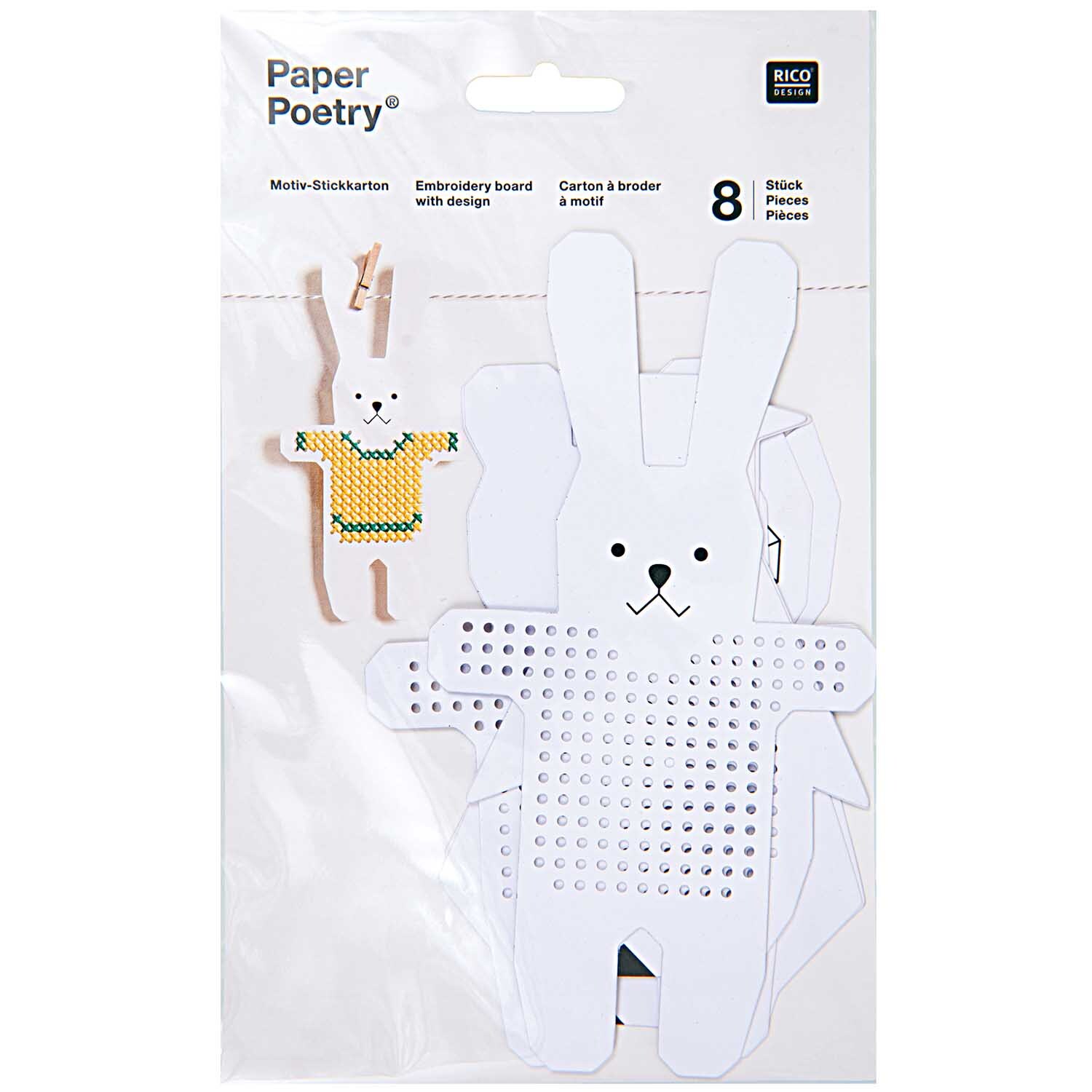 Paper Poetry Stickkarton Pinguin-Bär-Hase-Eule von Rico Design zeigt weiße Stickkartons in Tierform, ideal für kreative Stickprojekte.