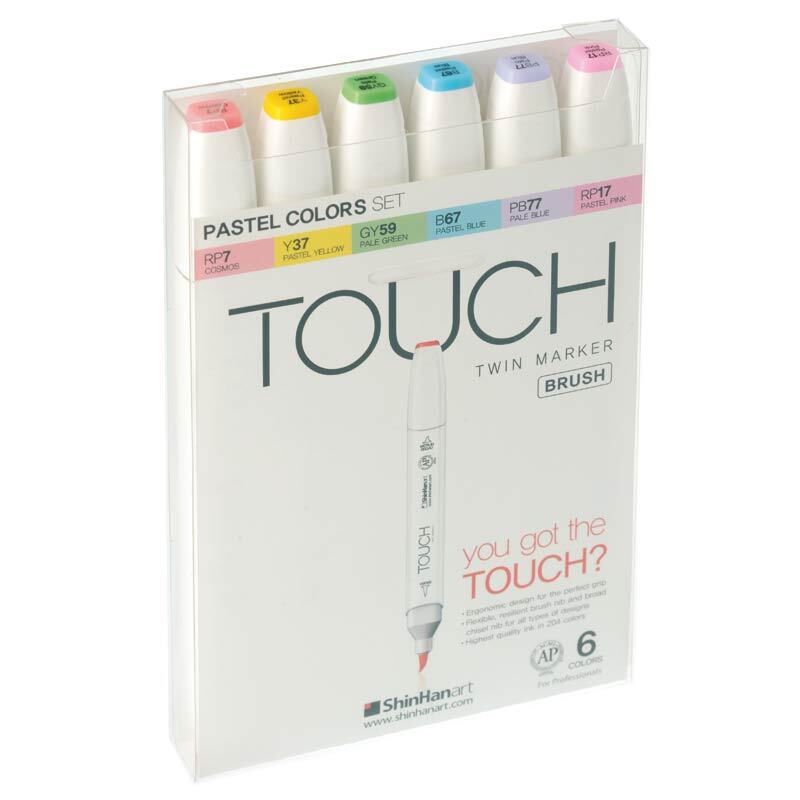 Twin Brush Marker Pastel Colors 6er Set in einer transparenten Verpackung mit sechs Stiften in verschiedenen Pastellfarben von TOUCH.