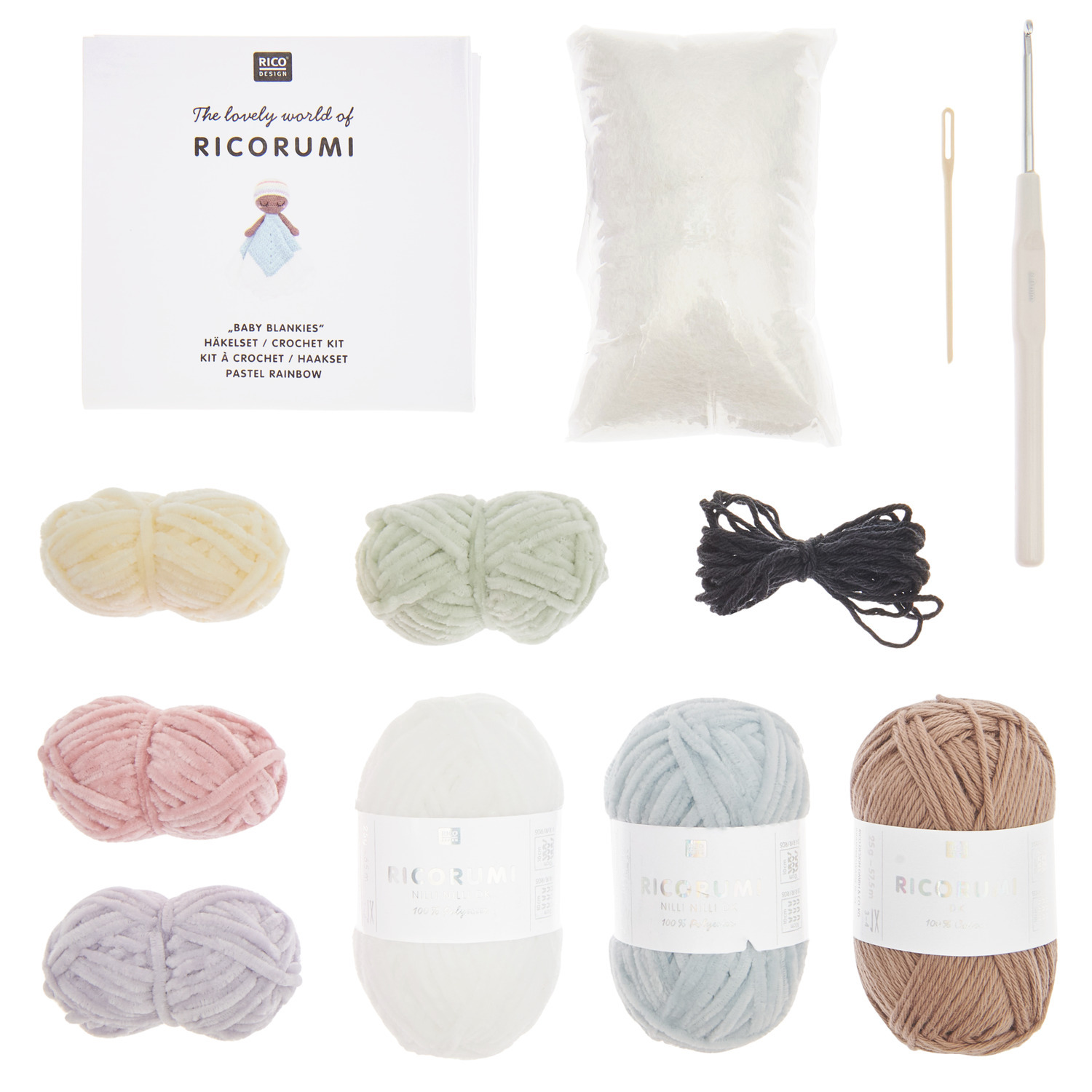 Häkelset Ricorumi Baby Blankies Pastel Rainbow mit bunten Garnen, Häkelnadel und Anleitung von Rico Design. Ideal für kreative Projekte.