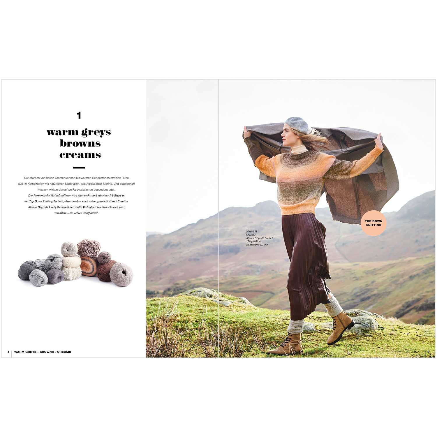 Lovewool Nr.15 Handstrickmagazin Herbst-Winter zeigt eine Frau in herbstlicher Landschaft mit Strickmode.