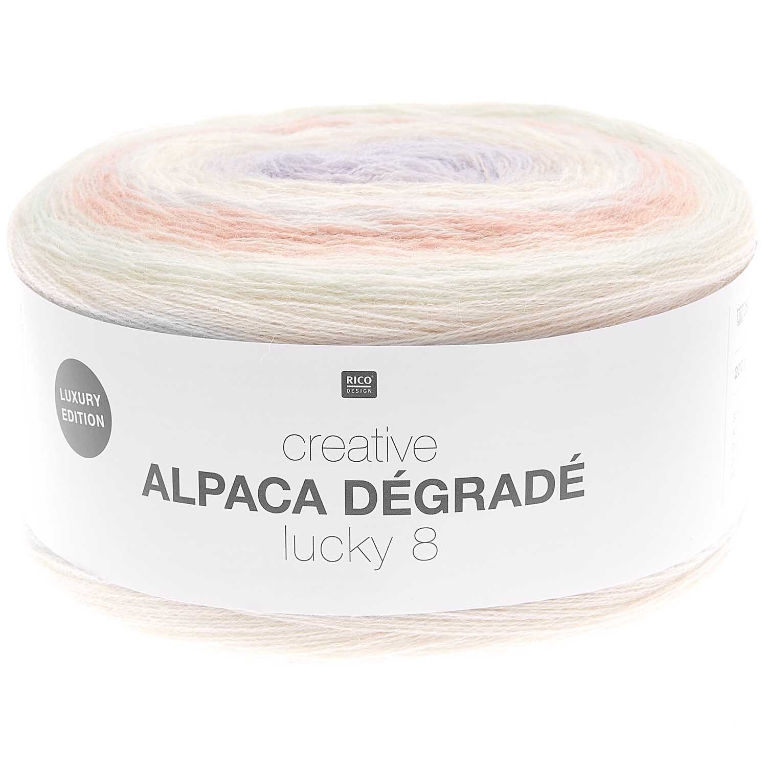 Creative Alpaca Dégradé Lucky 8 von Rico Design: Weiches Garn in Pastelltönen, 200g, 800m. Ideal für luxuriöse Strickprojekte.