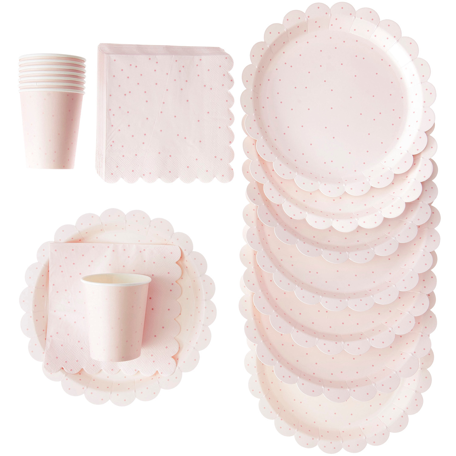 Party-Set Punkte Puder/Pink von Rico Design mit gepunkteten Tellern, Bechern und Servietten in zartem Rosa. Ideal für festliche Anlässe.