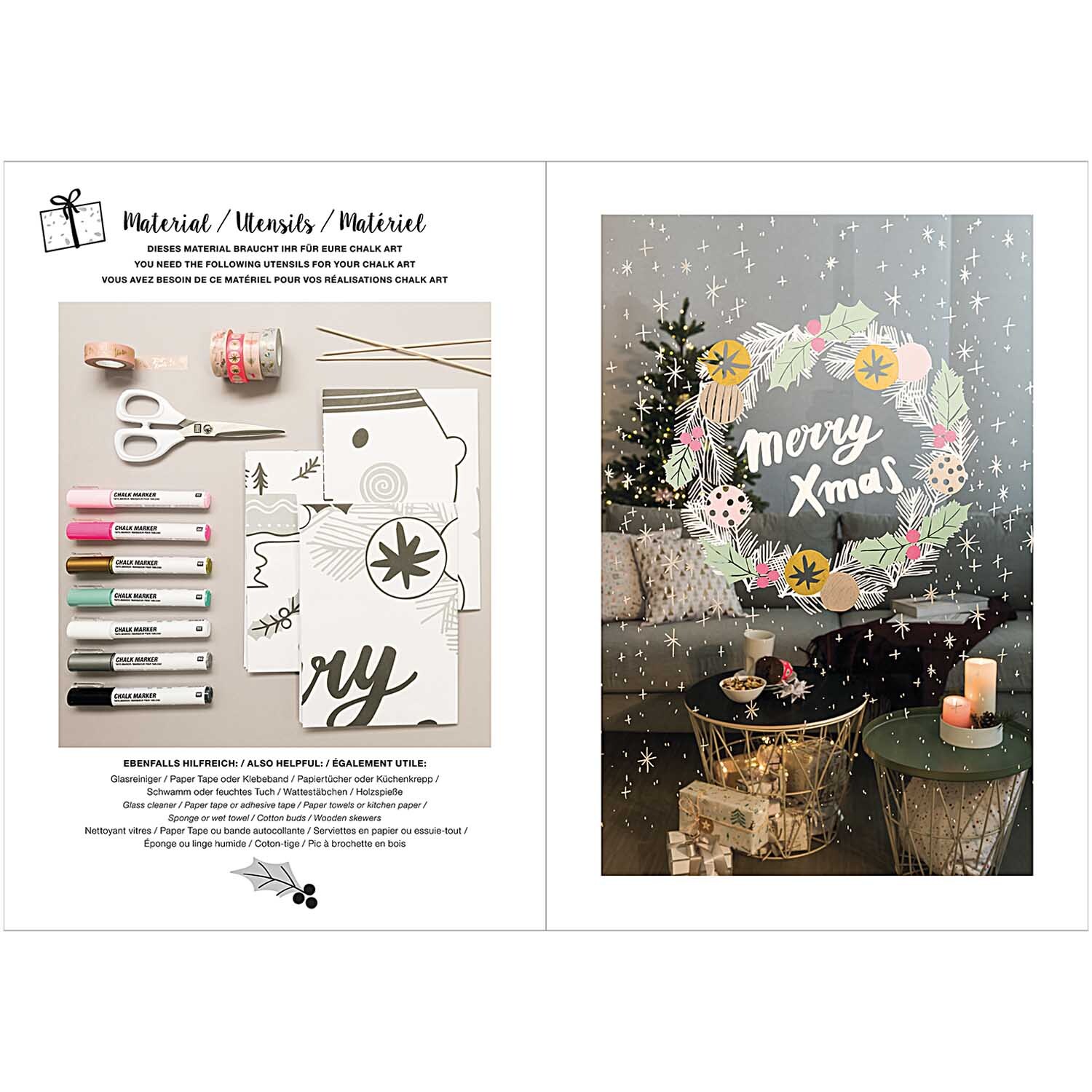 Vorlagenmappe Jolly Christmas für Fenster- und Glasmalerei mit Kreidestiften von Rico Design, zeigt festliche Designs und Materialien.