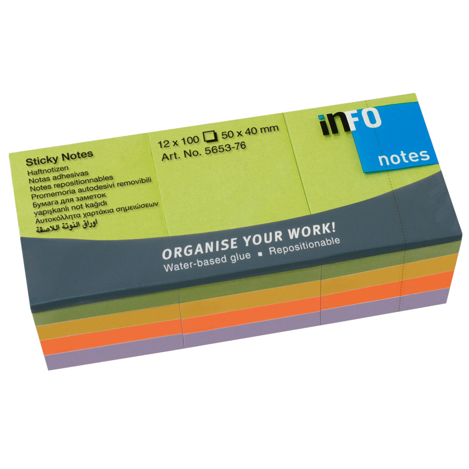inFO Haftnotizen Spring-Mix, 12x100 Blatt, in leuchtenden Farben, ideal zum Organisieren und Markieren von Notizen.