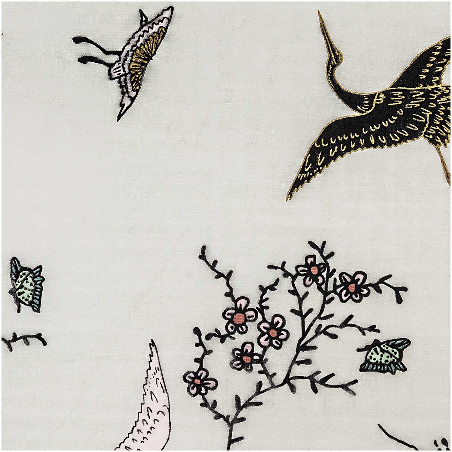Musselin-Druckstoff Jardin Japonais mit Kranichen und floralen Mustern auf grauem Hintergrund.