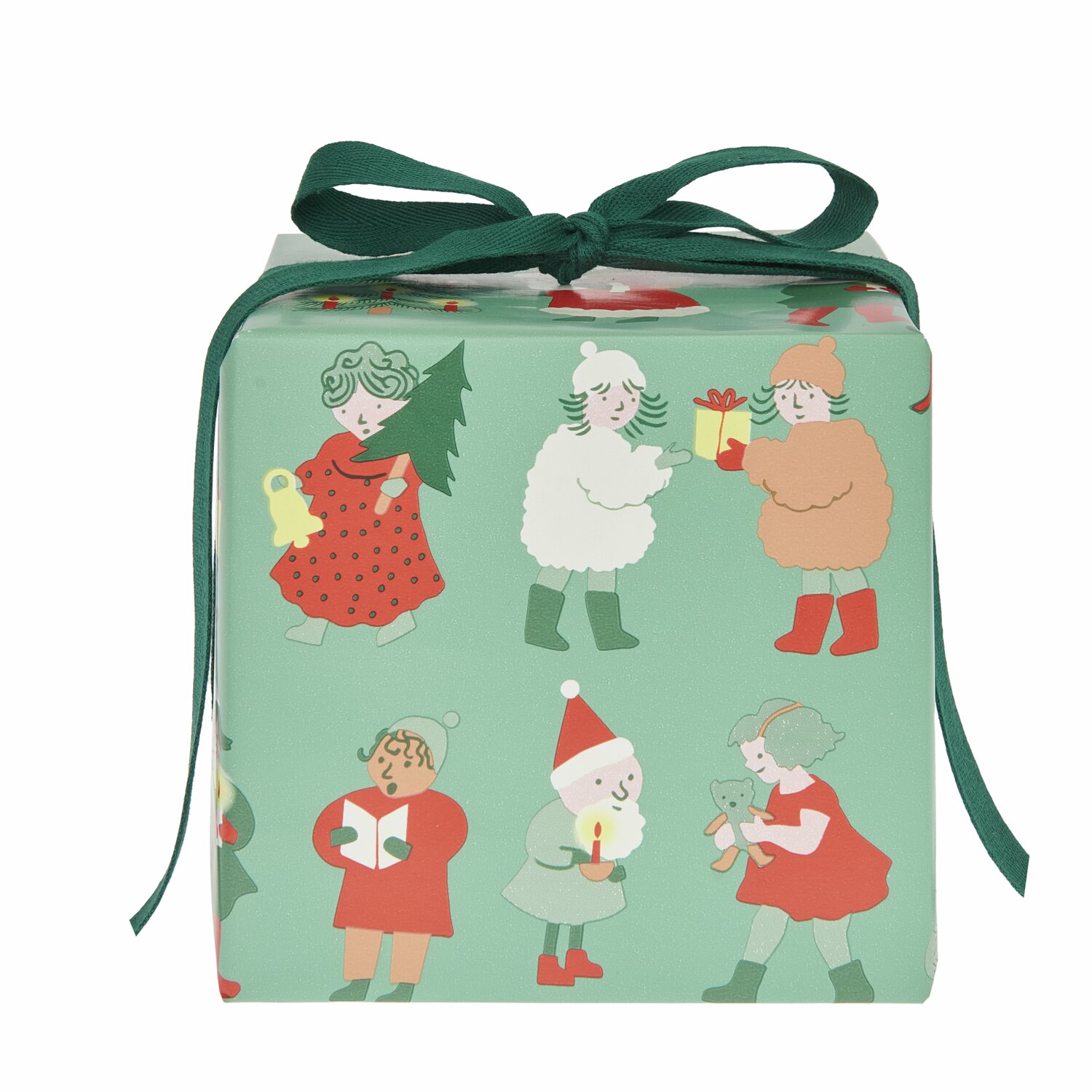 Paper Poetry Geschenkpapier Weihnachtsfiguren zeigt bunte Figuren auf grünem Hintergrund. Ideal für festliche Verpackungen.