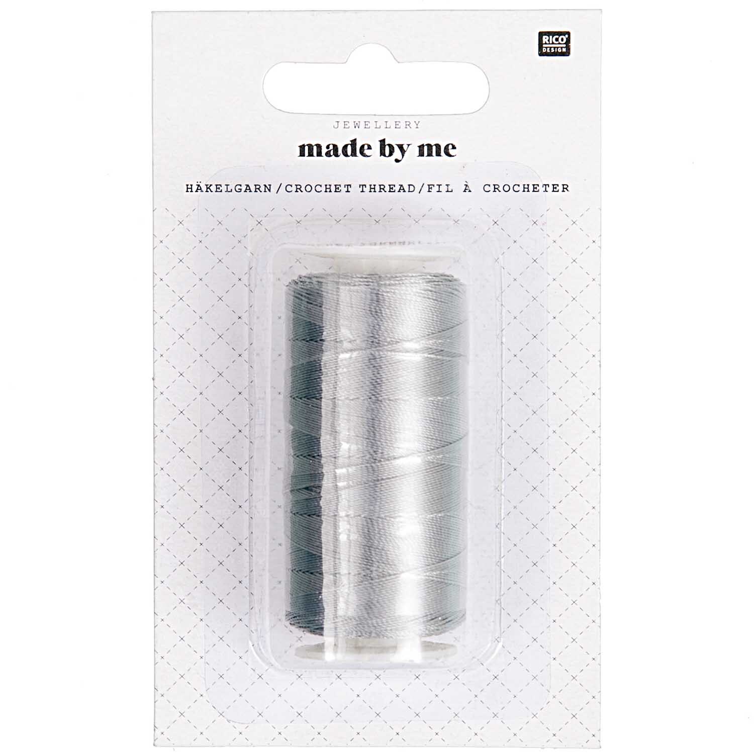 Häkelgarn grau 300m von Rico Design, präsentiert in einer transparenten Verpackung. Ideal für kreative Projekte.