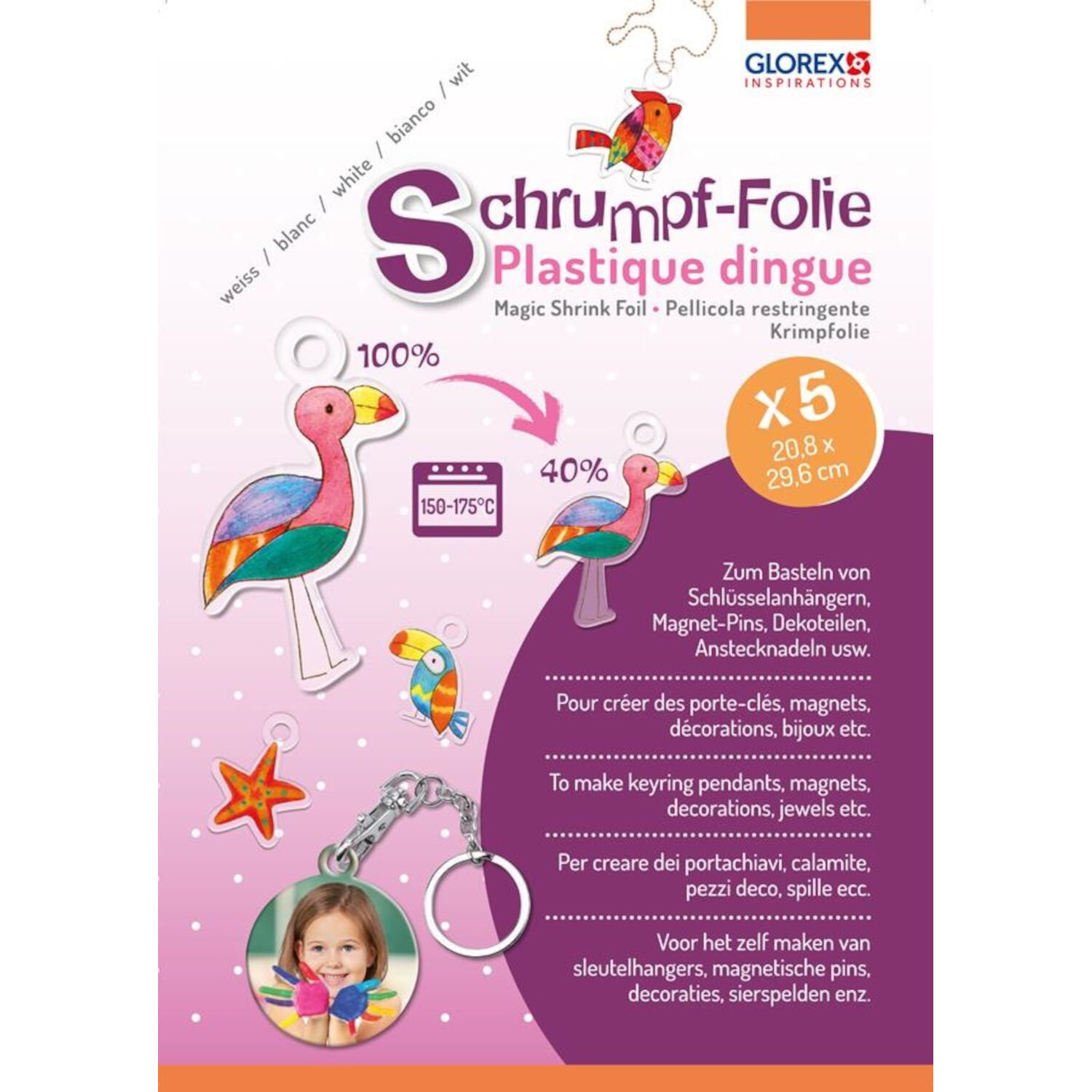 Schrumpffolie transparent A4, Glorex, 5 Bogen, kreative Schrumpffolie A4 für bunte Schlüsselanhänger, Schmuck, Deko und Bastelprojekte für Kinder und Erwachsene