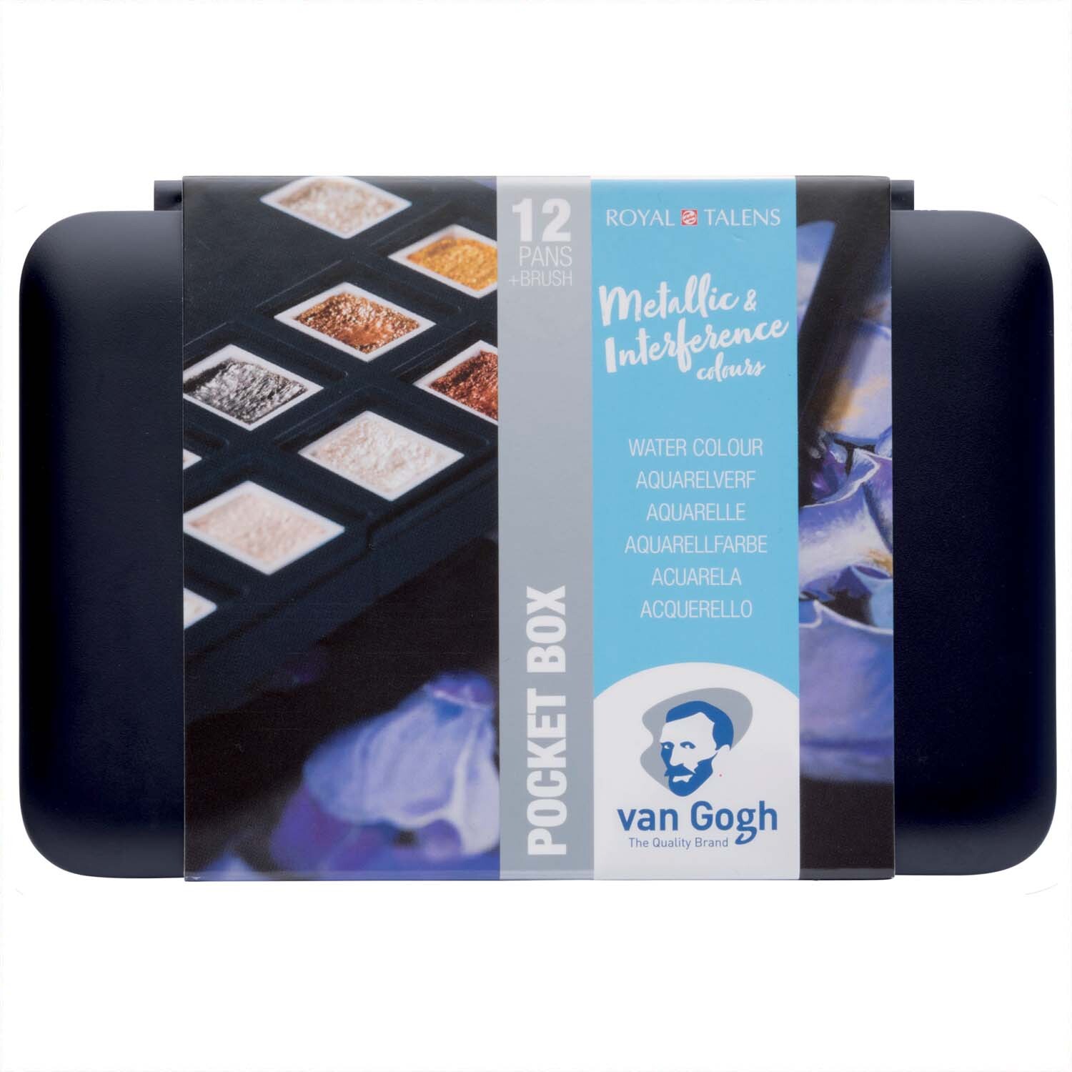Aquarell Set Metallic Farben 12 Näpfchen von van Gogh, zeigt eine kompakte Box mit schimmernden Farbtönen. Ideal für kreative Künstler.